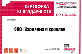 Сертификат благодарности за участие в EXPO Construction 2009